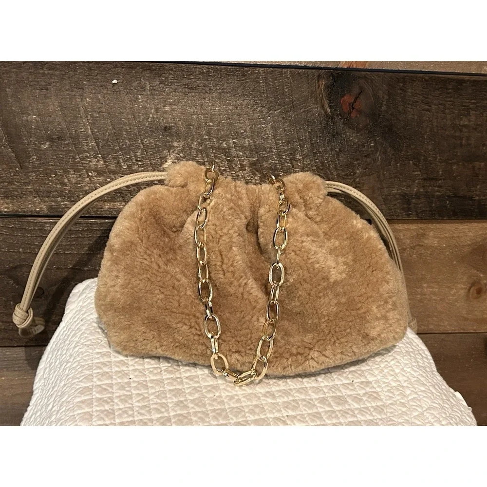 Universal Thread Goods Co. Tan Faux Fur Handbag Purse with Gold Tone Chain Strap